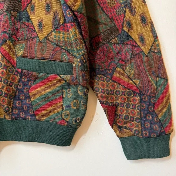 Patchwork pattern knit oversized cardigan wool blend pockets multicolor vintage - Picture 4 of 10